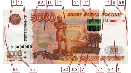 Фото лицевой стороны 5000 рублевой банкноты модификации 2010 г.  (26867 bytes)